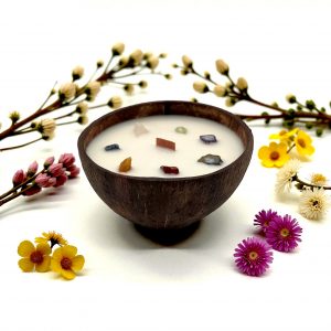 Bougie pour méditer en coque de noix de coco – 7 Pierres Chakras