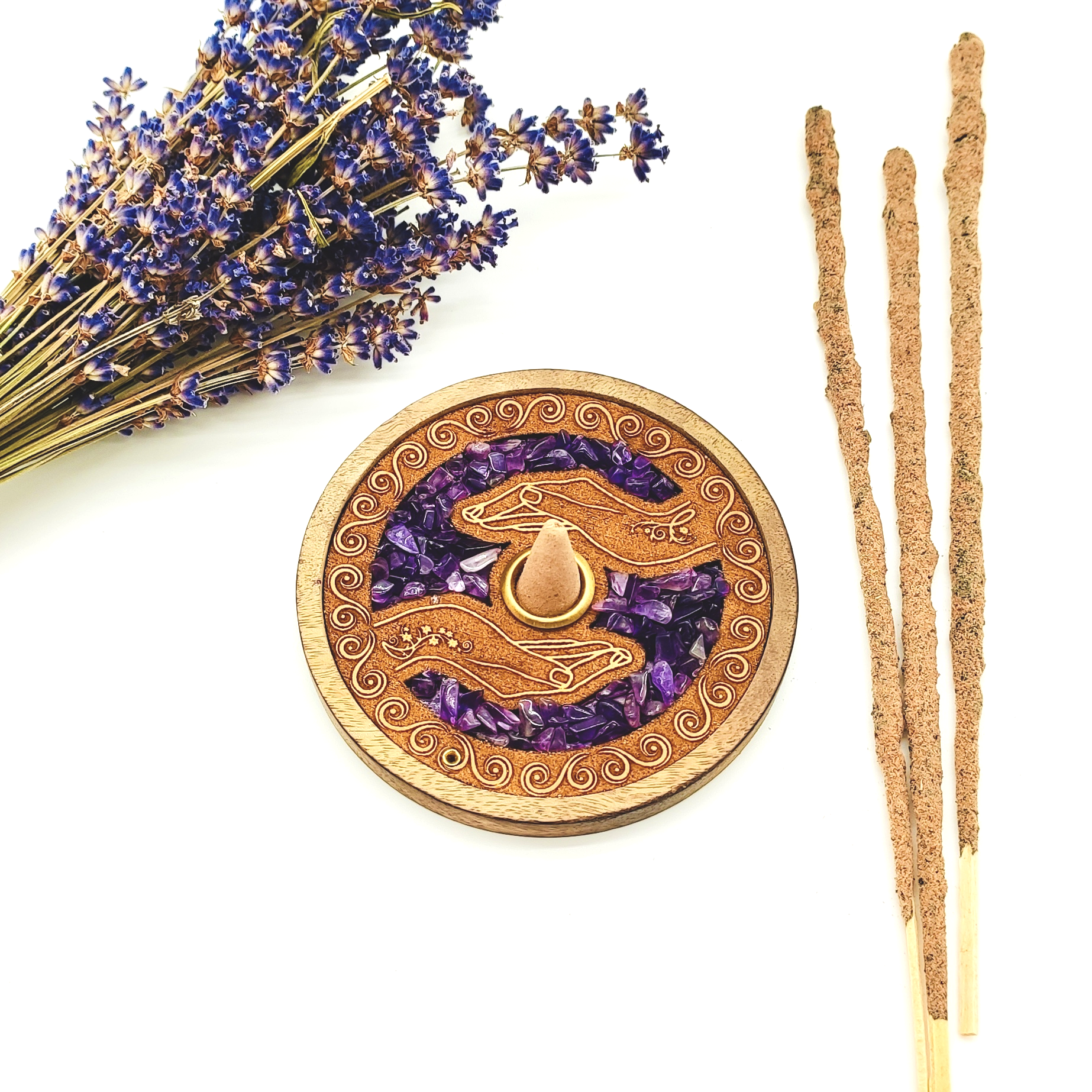 Porte-Encens Mains Guérisseuses en Bois de Manguier & Améthyste